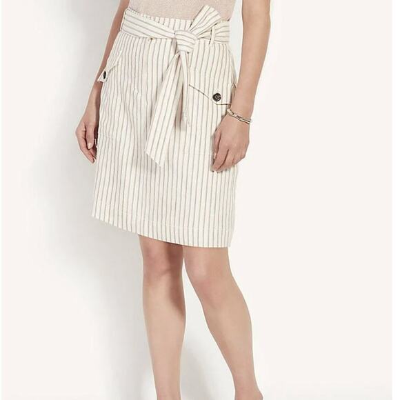 NWT Ann Taylor Beige Tan Striped Linen Blend Belted A-Line Cargo Skirt Size 6 - Picture 2 of 9